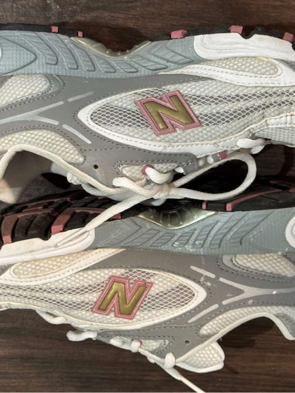 New Balance - White and Gray Mesh Athletic Sneakers with Pink Accents - W8.5